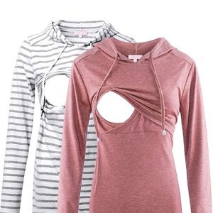 Nursing Hoodies / Long Sleeve Shirts, one red, one grey and white striped - L